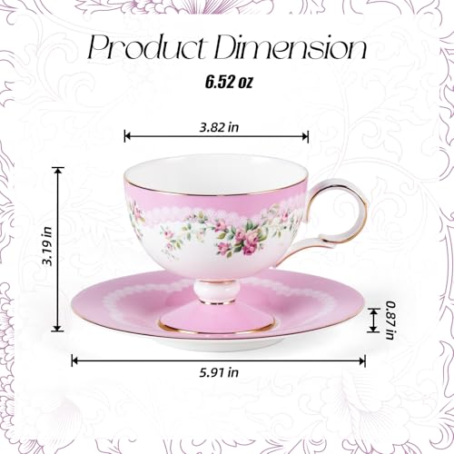 KAMMAK Tea Cups Set of 2,Ceramic Floral Pattern Demitasse Cup | Porcelain Espresso Cup with Saucer, 6.52 oz Handmade Elegant Bone China Tea Cups for Latte, Americano, Cappuccino - color: Beautiful in Pink (Light Pink + Light Blue)
