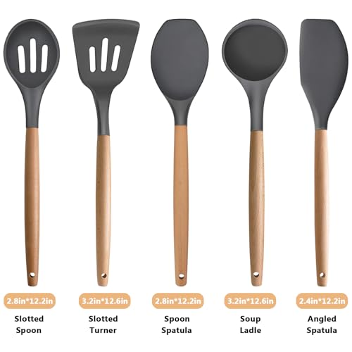 Silicone Cooking Utensils Set 5-Piece Non-Stick Kitchen Utensil Set, Wood Handle Heat Resistant Spatula Spoon Turner Soup Ladle Silicone Cooking Kitchen Gadgets BPA Free for Nonstick Cookware - color: Gray, size: Standard 5-Piece Set