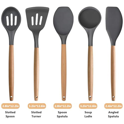 Silicone Cooking Utensils Set 5-Piece Non-Stick Kitchen Utensil Set, Wood Handle Heat Resistant Spatula Spoon Turner Soup Ladle Silicone Cooking Kitchen Gadgets BPA Free for Nonstick Cookware - color: Gray, size: Standard 5-Piece Set