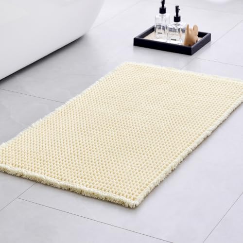 Waffle Bath Mat Non Slip Washable 32x20, Super Absorbent Quick Dry Boho Bathroom Rugs with Tassels, High Density Non Slip Backing, Luxury Carpet for Tub&Shower, Cream Yellow - color: Cream Yellow, size: 32" X 20" (Bathroom Rug)