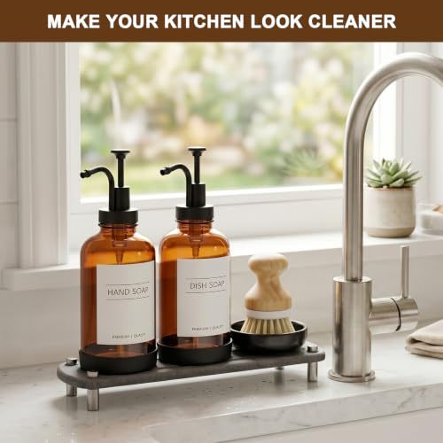 Kitchen Soap Dispenser, 16.9 oz/500 ml Amber Soap Dispenser, Hand and Dish Soap Dispenser Set, Dish Brush, Refillable, for Daily Kitchen Cleaning