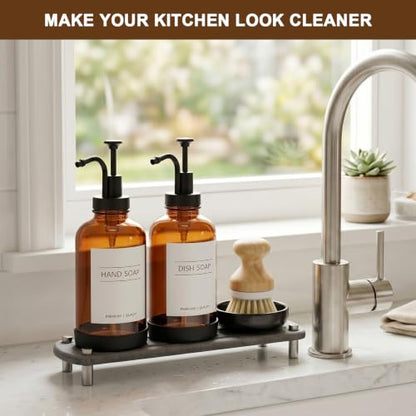 Kitchen Soap Dispenser, 16.9 oz/500 ml Amber Soap Dispenser, Hand and Dish Soap Dispenser Set, Dish Brush, Refillable, for Daily Kitchen Cleaning