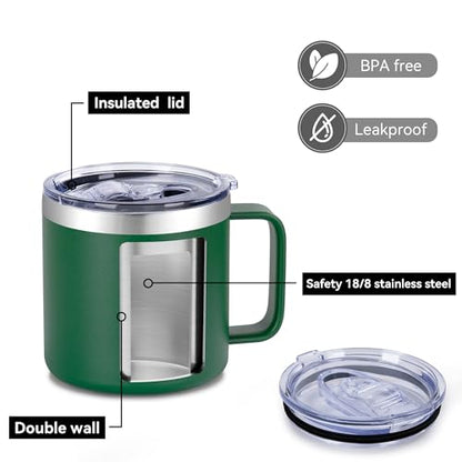 VEGOND 14 oz Insulated Coffee Mug Bulk with Handle, Stainless Steel Travel Coffee Mug with Lid, Double Wall Vacuum Metal Coffee Cup, Coffee Tumbler Powder Coated, Dark Green 4 Pack - color: Dark Green, size: 14 Ounces (4 Pack)