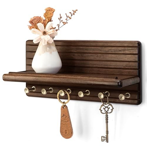 Rebee Vision Acacia Wood Key Holder Wall Mount for Home Decor, Dark Brown | Key Holder for Wall, 6 Key Hooks, Floating Shelf, Mail Organizer, Apartment Essentials for Home Decor Living Room - color: Dark Acacia, size: Medium-11inch