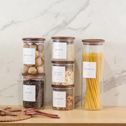 3 Pack Glass Containers with Acacia Lids, 45oz Pantry Airtight Storage Jars | Kitchen Canister Set with 105 Labels, Pantry Food Storage Containers with Wood Lids for Oats, Flour, Coffee, Sugar, Pasta - size: 45oz 3 Pack
