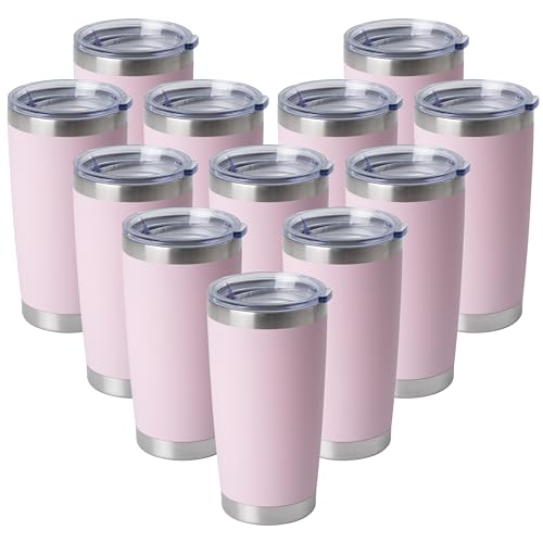 HASLE OUTFITTERS 20oz Stainless Steel Tumblers Bulk, Insulated Travel Cup with Lid, Double Wall Vacuum Coffee Mug for Cold & Hot Drinks 12 Pack, Light Pink - color: Light Pink-A, size: 12 Count (Pack of 1)