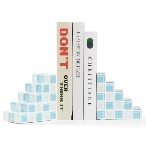 Decorative Bookends for Shelves Stair Book Ends for Heavy Books | Unique Book Stopper & Holder for Shelves, Modern Home Decor Aesthetic Bookshelf Decor, Light Blue & White - color: Light Blue & White