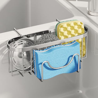 SWTYMIKI Sponge Holder for Kitchen Sink - Movable Kitchen Sink Caddy with M Shape Hook Stainless Steel Hanging Sponges Caddy Organizer in Double Bowl Sinks Depth>3.15in, Middle divider<1.5in, Silver L - color: Silver-large