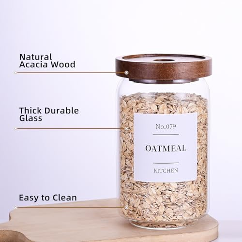 Tzerotone Glass Pantry Storage Jars with Acacia Airtight Lid, 25oz Clear Kitchen Canisters with Wood Lid, 6 Set with 132 Labels for Tea, Sugar, Spice, Herbs - color: 25OZ-6PCS