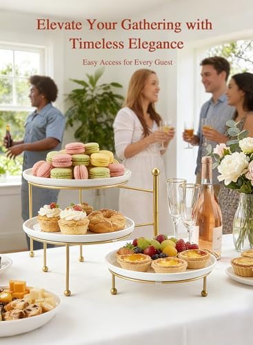 Tiered Serving Tray for Party, 10 Inch Dessert Display Stand, Gold | 3*Porcelain Durable Round Serving Plates, Microwave/Dishwasher Safe, Elegant Display, Wedding/Tea/Party serving - color: Gold