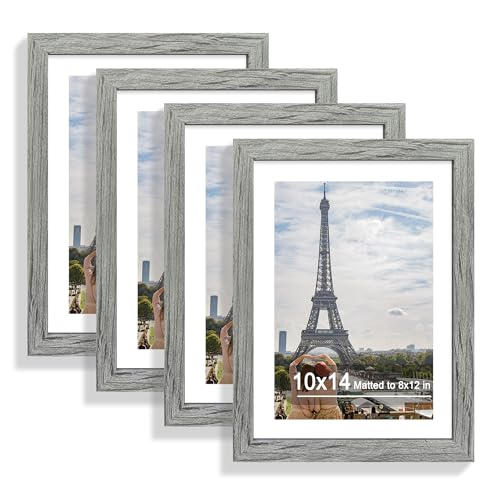 Hongkee 10x14 Picture Frame Set of 4, Made of Glass and Grey Wooden Frame, Display 8x12 Pictures with Mat or 30 x 40cm Diamond Painting Art without Mat for Wall Mounting, Gallery Photo Frames - color: Grey, size: 10x14 in