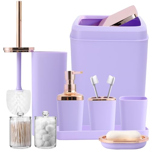 XLHOMO Bathroom Set, 9PC Bathroom Accessory Set, Purple Bathroom Accessories, Purple Bathroom Set, Trash Can, Soap Dispenser for Home Decor - color: Light Purple, size: Bathroom Set