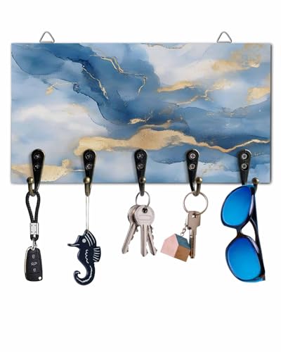 Key Holder for Wall Blue Marble Decorative Hanging Key Rack Wall Mount with 5 Hooks Golden Ripple Abstract Art Organizer Wall Decor for Entryway Front Door Kitchen 9.4x5in