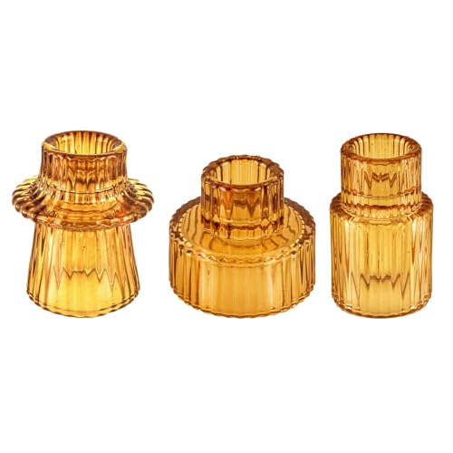 Glass Candlestick Holders, Taper Candle Holders, Set of 3, Amber | Double-sided ribbed glass taper candle holders for fall wedding centerpieces, parties, Christmas, Thanksgiving and home decor - color: Amber, size: 3 PCS