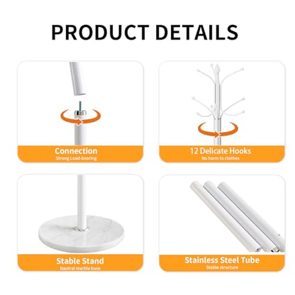 ZOZOE Metal Coat Rack Stand, Modern Coat Rack Freestanding with Natural Marble Base, Sturdy Coat Racks with 12 Hooks & Umbrella Holder,White Coat Tree Hanger Stand for Bags,Hats,Entryway,Office - color: White 12 Hooks