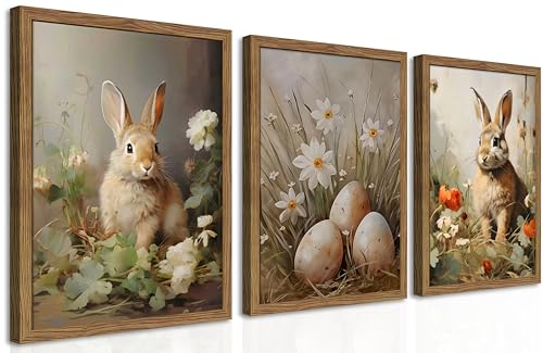 Vintage Easter Bunny Wall Art Set of 3, Spring Easter Rabbit Eggs Canvas Wall Decor Paintings, Rustic Farmhouse Animal Artwork Prints Pictures for Living Room Bedroom Bathroom 16x24 Inch Framed - color: Brown Gray Rabbit, size: 24L" x 16W"