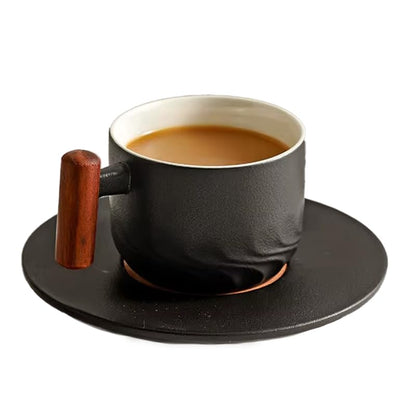 PRINCE G Japanese Style Ceramic Mug with Matching Saucer – Handmade Espresso, Coffee, Tea & Matcha Cup, Ideal Gift Set with Handgrip (BLACK) - color: Black