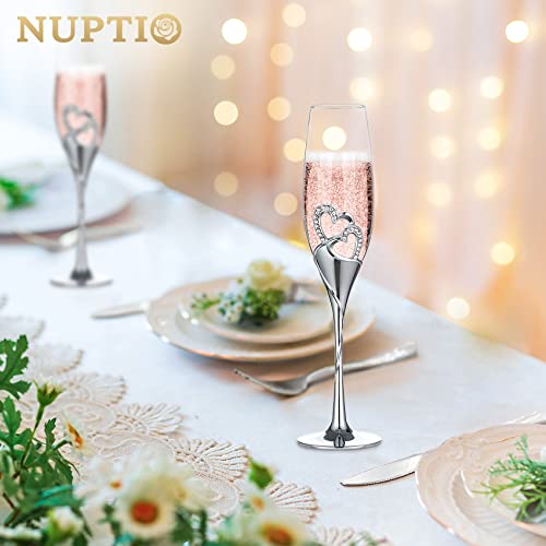 NUPTIO Gold Crystal Champagne Flutes, Wedding Gifts for Couple, Set of 2 | 6.76oz Rhinestone Rimmed Heart Toasting Glasses, Wine Cups for Anniversary, Engagement, Valentine's Day, Bridal Shower - color: Silver