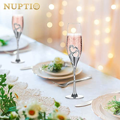 NUPTIO Gold Crystal Champagne Flutes, Wedding Gifts for Couple, Set of 2 | 6.76oz Rhinestone Rimmed Heart Toasting Glasses, Wine Cups for Anniversary, Engagement, Valentine's Day, Bridal Shower - color: Silver