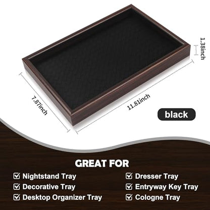 Wooden Valet Tray with Leather Base - Nightstand Catchall Organizer for Cologne, Perfume, Keys, Wallet, Phone, Watch, Jewelry & Sunglasses (Black) - color: Black