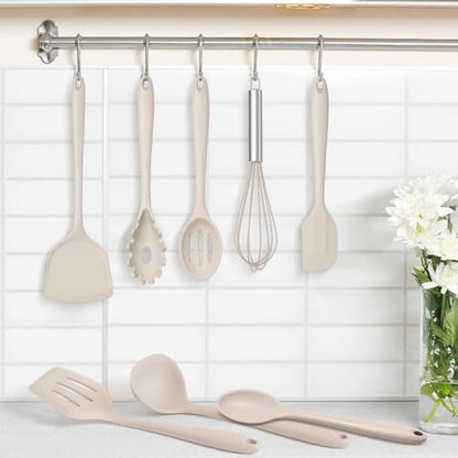 TeamFar Silicone Cooking Utensils Set, 8 PCS Kitchen Utensils Set, Khaki | 446°F Heat Resistant Turner, Spatula, Spoon, Whisk, Kitchen Cooking Gadgets Tools, for Nonstick Cookware, Dishwasher Safe - color: Khaki