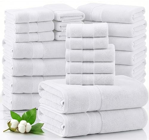 LANE LINEN Bath Towel Set 100% Cotton 24 Piece Soft Absorbent - White | Shower Towels - Generously Sized, Oversized & Roomy, Lightweight & Breathable, Fade-Resistant Color, Classic Terry Weave - color: 02: White, size: 24 Piece Towel Set