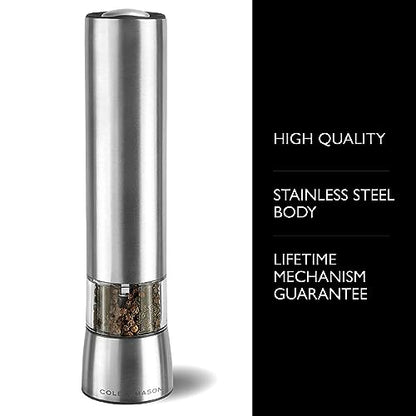 Cole & Mason Hampstead Electronic Pepper Mill - Electric Pepper Grinder Set - Adjustable Electric Spice Grinder - Hand Wash - Stainless Steel