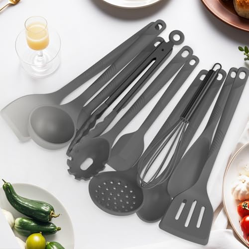 Silicone Cooking Utensils Set - 600°F Heat Resistant, Nonstick Kitchen Utensil Set with Spatulas, Spoons, Whisk, Tongs, BPA Free, Dishwasher Safe (Gray) - color: Gray