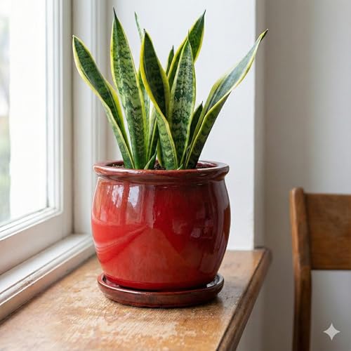 Aspen & Fig Red 8 Inch Indoor Ceramic Plant Pot with an Attached Saucer and Drainage Hole for House Plants, Herbs, Flowers, Succulent, Snake Plants, Gifts for Mom, Standard Pot