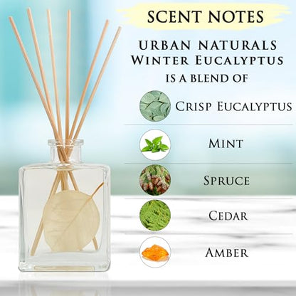 Reed Diffuser Set, Winter Eucalyptus - Bathroom Shelf Décor | Crisp Eucalyptus, Mint, Spruce, Cedar, Amber, Virginian Cedarwood, Sleek Rectangular Refillable Glass Bottle, Made in the USA - color: Winter Eucalyptus