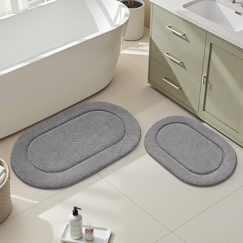 HOMEIDEAS Grey Oval Bathroom Rug Sets 2 Piece 20" x 32" + 16" x 24" | Microfiber Bath Mats, Non-Slip TPR Backing, Ultra Absorbent & Quick Dry, Machine Washable for Bathroom, Shower, Tub - color: Grey