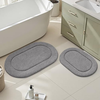 HOMEIDEAS Grey Oval Bathroom Rug Sets 2 Piece 20" x 32" + 16" x 24" | Microfiber Bath Mats, Non-Slip TPR Backing, Ultra Absorbent & Quick Dry, Machine Washable for Bathroom, Shower, Tub - color: Grey