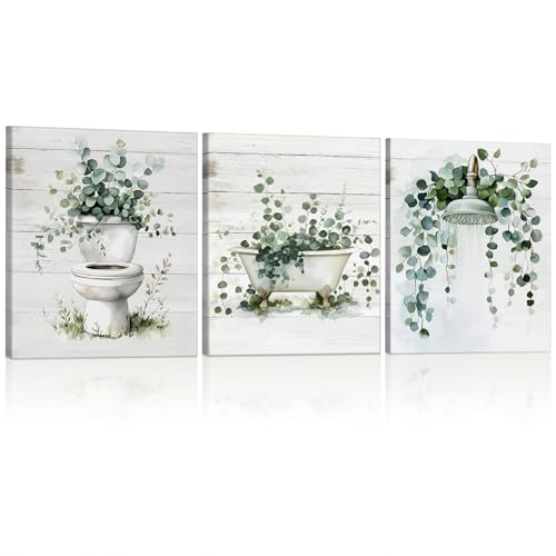 Dunzoom 3 Pcs Vintage Framed Eucalyptus Herb Bathroom Wall Art, Sage Green | Rustic Botanical Canvas Prints Set Farmhouse Leaves Wall Decor for Bathroom Bedroom Living Room, 8'' x 10''