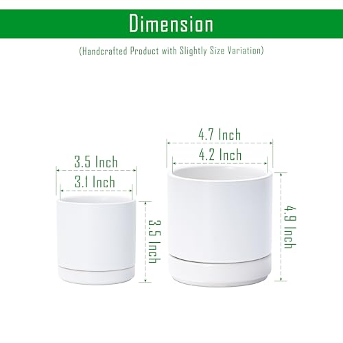 D'vine Dev 2-Pack Ceramic Pots & Saucers, White, 3.5/4.7 in, 94-G-XS-1 | Glazed Ceramic, Drainage Hole, Perfect-Fit Saucer, Sleek Cylinder Shape, High Temperature Fired, Elegant Home Accent - color: White, size: X-Small