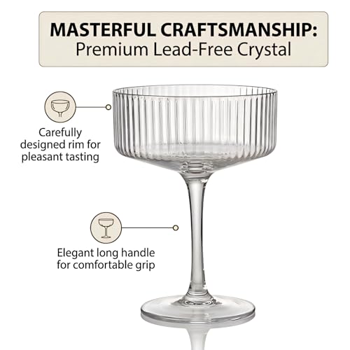 Ciaell 4 Piece Coupe Glasses for Bars Parties | 10 oz Ribbed Vintage Cocktail Glasses, Martini Wine Espresso Service, Gift and Drink Service