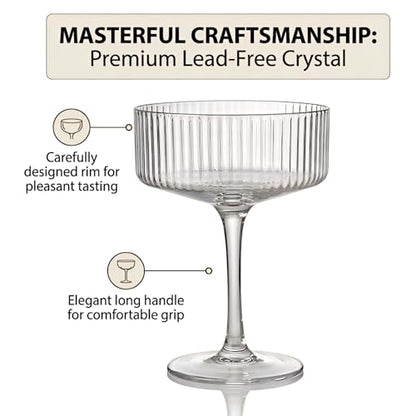 Ciaell 4 Piece Coupe Glasses for Bars Parties | 10 oz Ribbed Vintage Cocktail Glasses, Martini Wine Espresso Service, Gift and Drink Service