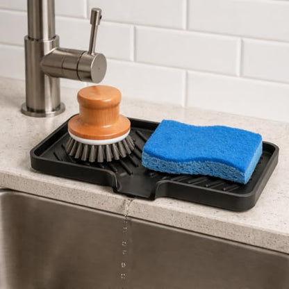 Silicone Soap Dish Tray and Sponge Holder with Drain Chute and Feet | 3-Way Sloped Design | Bathroom and Kitchen Sink Organizer Caddy (Black, 10"x4", 7.8 Ounces) - color: Black, size: 10"x4"