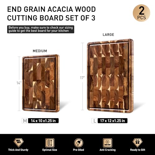 End Grain Cutting Board Set of 2 with Non-slip Feet, Reversible Acacia Wood Cutting Boards for Kitchen with Juice Grooves and Handles Non Toxic Chopping Board Butcher Block Serving Tray Kitchen Gift - size: Multiple Sizes (Set of 2)