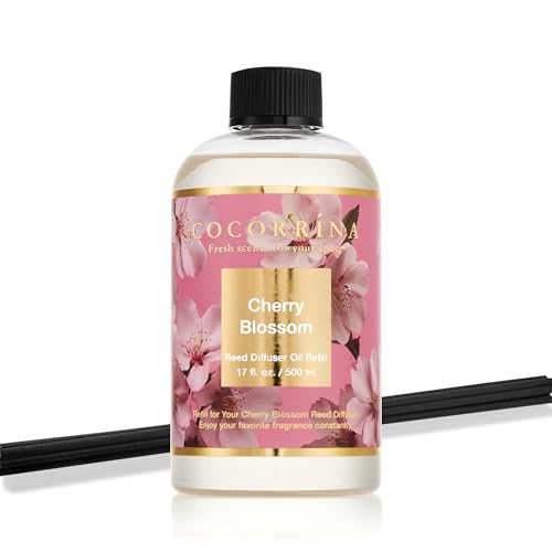 Reed Diffuser Refill Cherry Blossom 17oz (500ml) with 8 Sticks - Premium Long-Lasting Scented Oil, Home Fragrance for Bedroom, Bathroom Home Decor - size: 17 Fl Oz (Pack of 1)
