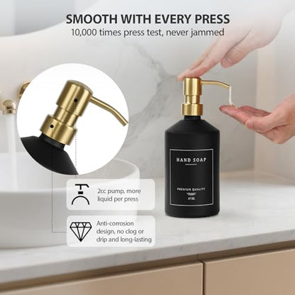 Black Glass Kitchen Hand and Dish Soap Dispenser Set, Bathroom Soap Dispenser Set with Tray and Stainless Steel Pump, Gold Kitchen Accessories (Black Bottle/Gold Pump) - color: Black Bottle + Gold Pump