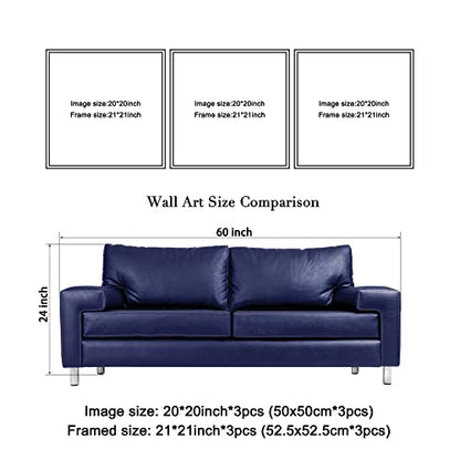 Wieco Art Framed Wall Art Blue Abstract Flowers 3 Panels Canvas Prints Home Art Modern Artwork Wall Pictures for Living Room Bedroom and Home Decorations Black Frame - size: 20x20inchx3pcs (Framed)
