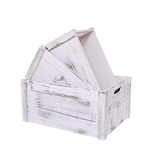 Farmhouse Antique White Wooden Crate For Storage,Rustic Decorative Boxes,Set Of 3 Extra Large Nesting Wooden Storage Crates For Home Decor,Handmade Natural Solid Wood Box (Rustic White) - color: Rustic White