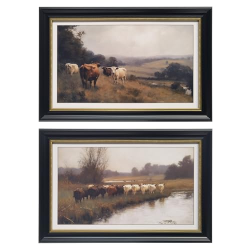 Gatheroad Framed Canvas Wall Art Set of 2, Vintage Nature Wilderness Scenery Prints & Pictures of Cow Landscape Oil Paintings Artwork, Modern Farmhouse Rustic Decor for Living Room Bedroom, 24x16in - color: Black Cow Landscape, size: 16X24inch
