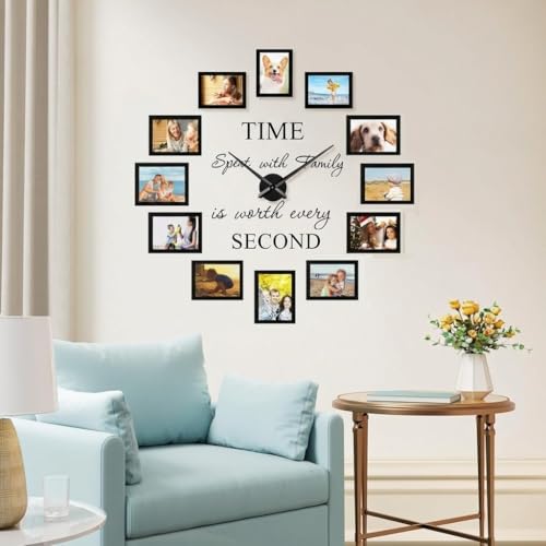 Family Picture Frames Collage Wall Decor - 4x6 Collage Picture Frames Photo Frame for Wall Picture Frame DIY Black Large Clocks for Living Room Decor