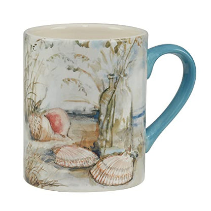 Coastal Landscape 16 oz. Ceramic Mugs – Set of 4 Assorted Beach Designs with Starfish, Shells & Ocean Bottles – Seaside Coffee Cups for Tea, Hot Cocoa, or Gifting – Blue Handle Accent - size: 5.125 inches x 4.25 inches