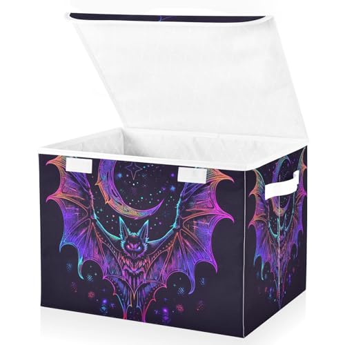 senya Halloween Baskets Collapsible Storage Bins with Lids, Neon Bat Crescent Storage Boxes Clothes Baskets for Organizing, B06D22020 - color: Halloween 3