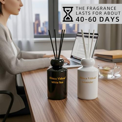 Reed Diffuser Set, Binca Vidou Lavender & White Tea Natural Scent Oil Diffusers with Sticks for Home Office Bathroom Aromatherapy Decor Black&White Series 3.38oz x 2