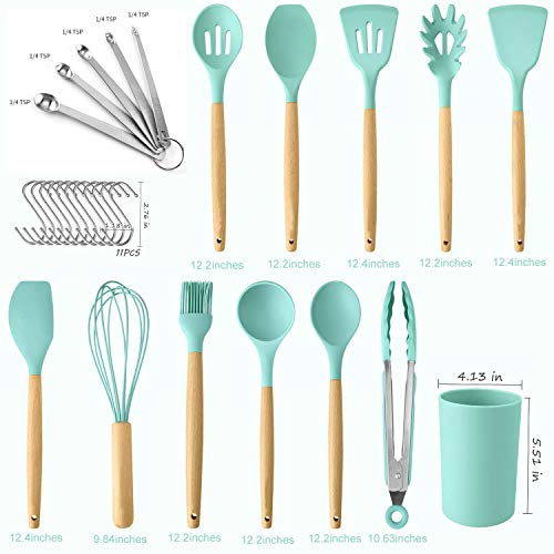 Kitchen Cooking Utensils Set, 27 pcs Non-stick Silicone Cooking Kitchen Utensils Spatula Set with Holder, Wooden Handle Heat Resistant Silicone Kitchen Gadgets Utensil Set