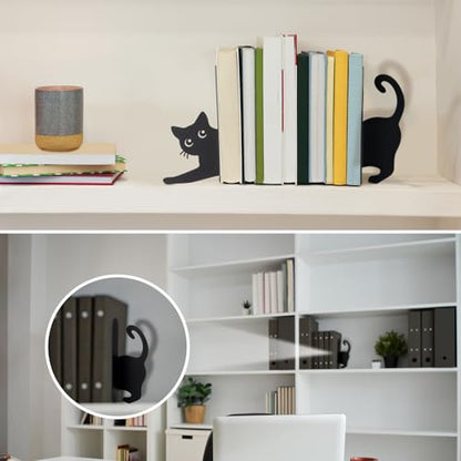 Stretching Black Cat Book Ends for Shelves Decor Set of 2 Styles | Book Shelf Accessories, Metal, Book Stopper for Office Home, Cute Cat Design, Gift for Cat Lovers and Kids - style: Stretching Cat