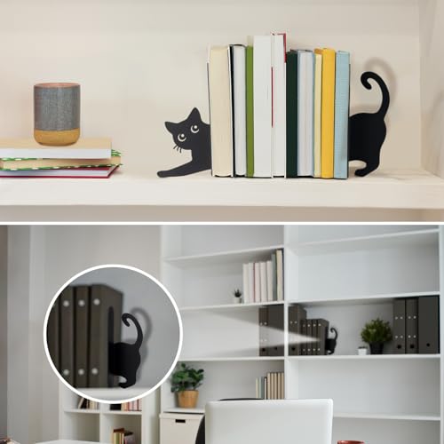 Dragon Metal Bookends Set of 2, Gothic Book Ends for Shelves Desk | Decorative Bookend for Home Office Desk, Holds Books Upright, Gift for Cat Lovers and Readers, Stylish Shelf Organizers - style: Stretching Cat